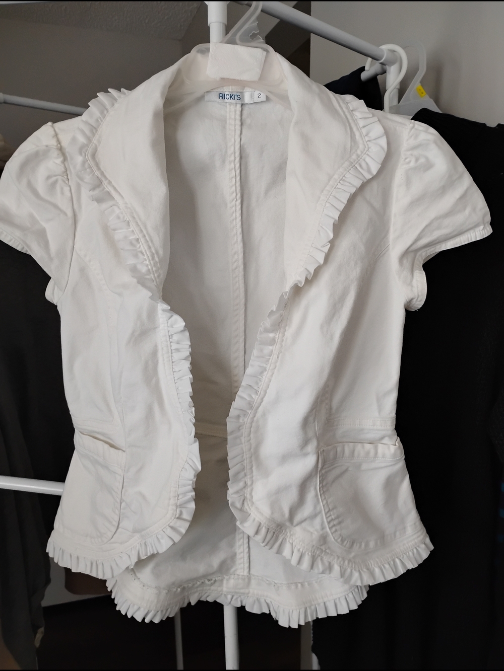 Ricki's Women White Open Front Textured Ruffled Cap Sleeve Blazer Jacket